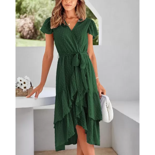 imageBTFBM Women Casual V Neck Dresses Boho Short Sleeve Chiffon Swiss Dot Belted Ruffle Wrap 2023 Summer Wedding Party DressSwiss Dot Dark Green