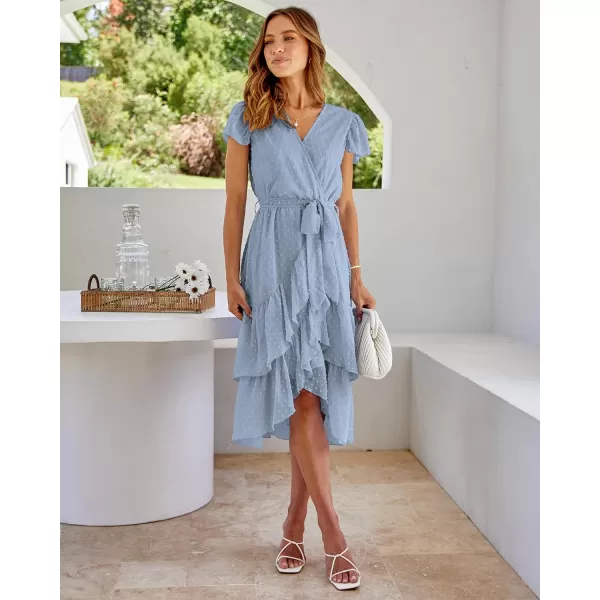 imageBTFBM Women Casual V Neck Dresses Boho Short Sleeve Chiffon Swiss Dot Belted Ruffle Wrap 2023 Summer Wedding Party DressSwiss Dot Light Blue