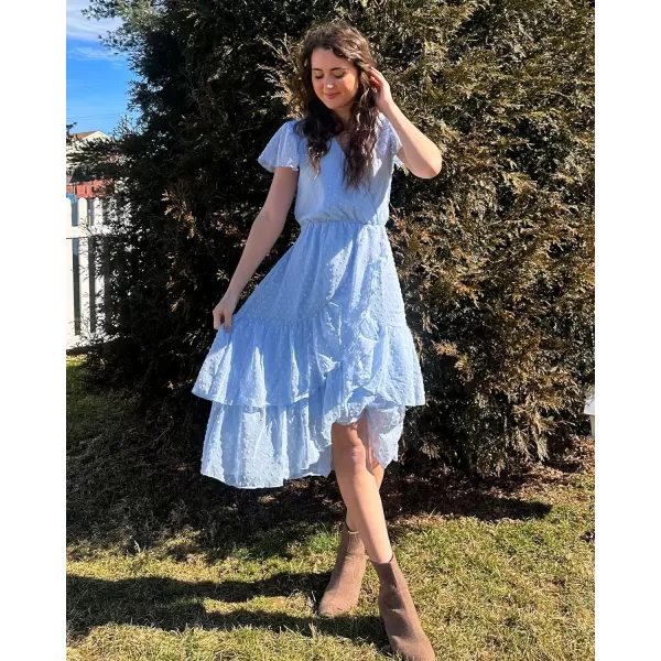 imageBTFBM Women Casual V Neck Dresses Boho Short Sleeve Chiffon Swiss Dot Belted Ruffle Wrap 2023 Summer Wedding Party DressSwiss Dot Light Blue