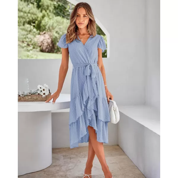 imageBTFBM Women Casual V Neck Dresses Boho Short Sleeve Chiffon Swiss Dot Belted Ruffle Wrap 2023 Summer Wedding Party DressSwiss Dot Light Blue