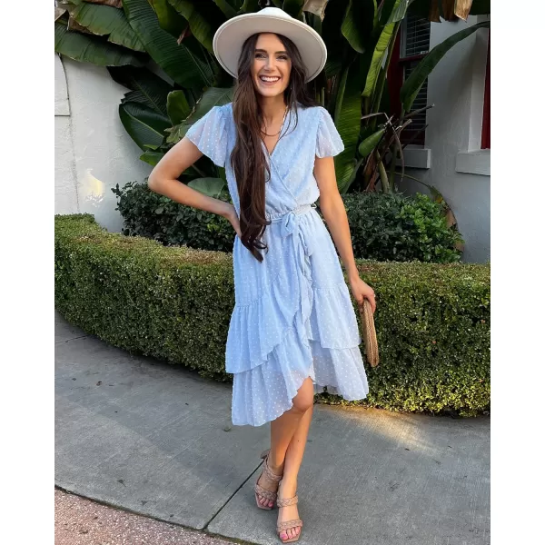 imageBTFBM Women Casual V Neck Dresses Boho Short Sleeve Chiffon Swiss Dot Belted Ruffle Wrap 2023 Summer Wedding Party DressSwiss Dot Light Blue