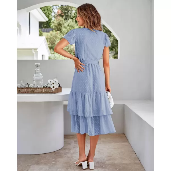 imageBTFBM Women Casual V Neck Dresses Boho Short Sleeve Chiffon Swiss Dot Belted Ruffle Wrap 2023 Summer Wedding Party DressSwiss Dot Light Blue