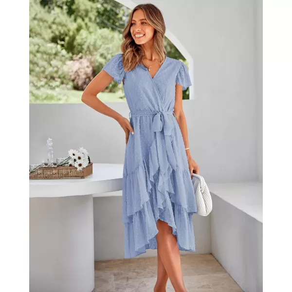 imageBTFBM Women Casual V Neck Dresses Boho Short Sleeve Chiffon Swiss Dot Belted Ruffle Wrap 2023 Summer Wedding Party DressSwiss Dot Light Blue