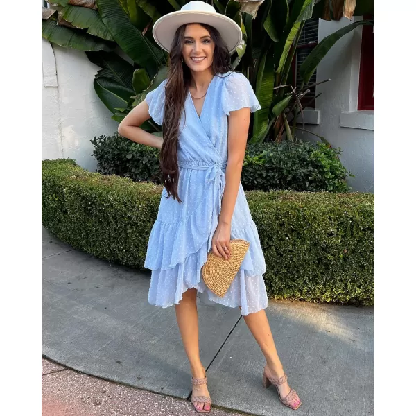 imageBTFBM Women Casual V Neck Dresses Boho Short Sleeve Chiffon Swiss Dot Belted Ruffle Wrap 2023 Summer Wedding Party DressSwiss Dot Light Blue
