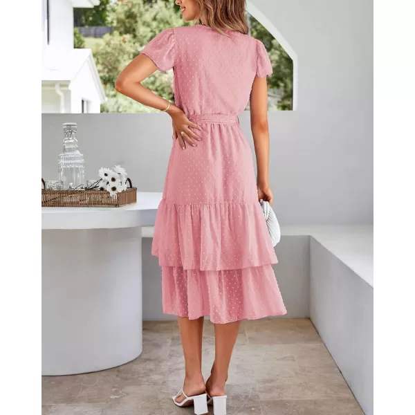 imageBTFBM Women Casual V Neck Dresses Boho Short Sleeve Chiffon Swiss Dot Belted Ruffle Wrap 2023 Summer Wedding Party DressSwiss Dot Pink
