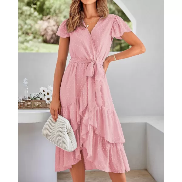 imageBTFBM Women Casual V Neck Dresses Boho Short Sleeve Chiffon Swiss Dot Belted Ruffle Wrap 2023 Summer Wedding Party DressSwiss Dot Pink