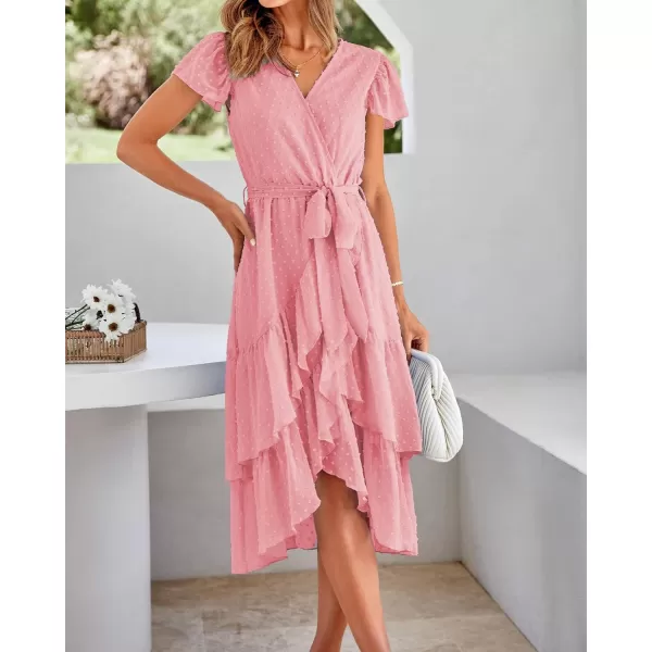 imageBTFBM Women Casual V Neck Dresses Boho Short Sleeve Chiffon Swiss Dot Belted Ruffle Wrap 2023 Summer Wedding Party DressSwiss Dot Pink