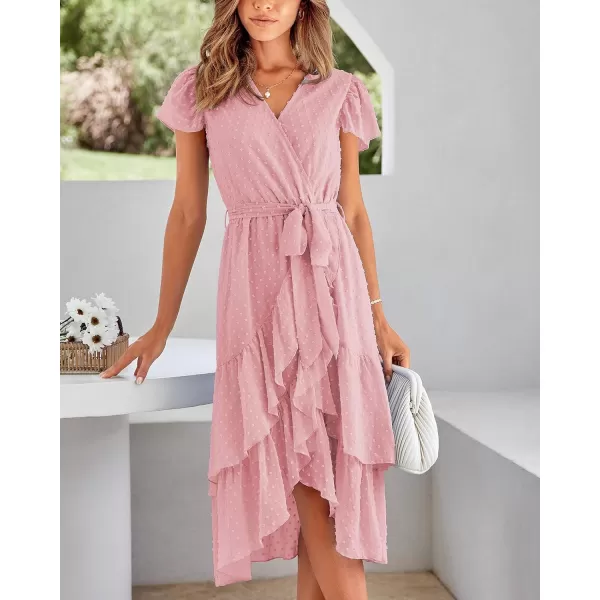imageBTFBM Women Casual V Neck Dresses Boho Short Sleeve Chiffon Swiss Dot Belted Ruffle Wrap 2023 Summer Wedding Party DressSwiss Dot Pink