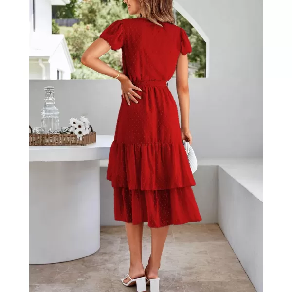 imageBTFBM Women Casual V Neck Dresses Boho Short Sleeve Chiffon Swiss Dot Belted Ruffle Wrap 2023 Summer Wedding Party DressSwiss Dot Red