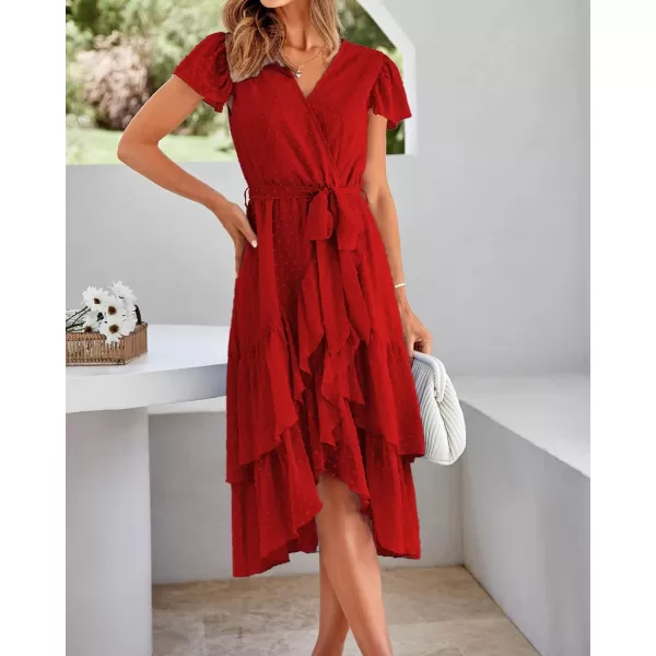 imageBTFBM Women Casual V Neck Dresses Boho Short Sleeve Chiffon Swiss Dot Belted Ruffle Wrap 2023 Summer Wedding Party DressSwiss Dot Red