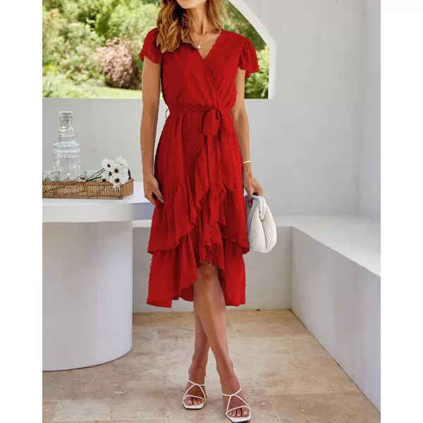 imageBTFBM Women Casual V Neck Dresses Boho Short Sleeve Chiffon Swiss Dot Belted Ruffle Wrap 2023 Summer Wedding Party DressSwiss Dot Red