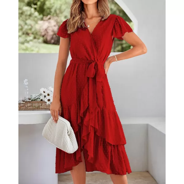 imageBTFBM Women Casual V Neck Dresses Boho Short Sleeve Chiffon Swiss Dot Belted Ruffle Wrap 2023 Summer Wedding Party DressSwiss Dot Red