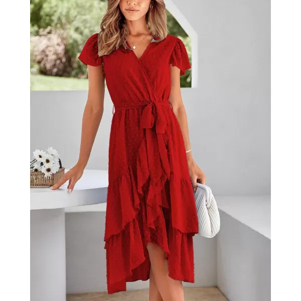 imageBTFBM Women Casual V Neck Dresses Boho Short Sleeve Chiffon Swiss Dot Belted Ruffle Wrap 2023 Summer Wedding Party DressSwiss Dot Red