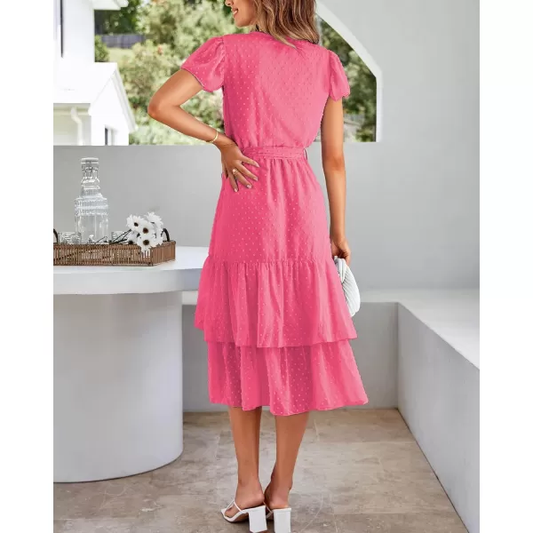 imageBTFBM Women Casual V Neck Dresses Boho Short Sleeve Chiffon Swiss Dot Belted Ruffle Wrap 2023 Summer Wedding Party DressSwiss Dot Rose Red