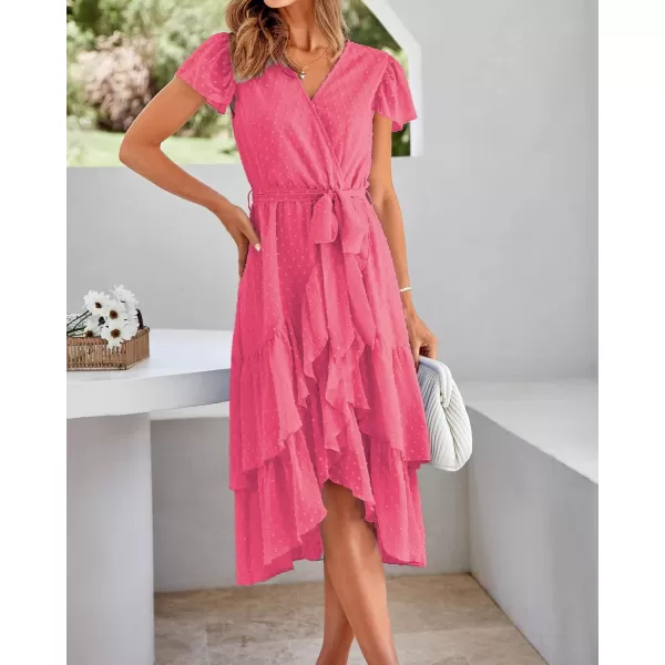 imageBTFBM Women Casual V Neck Dresses Boho Short Sleeve Chiffon Swiss Dot Belted Ruffle Wrap 2023 Summer Wedding Party DressSwiss Dot Rose Red