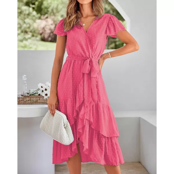 imageBTFBM Women Casual V Neck Dresses Boho Short Sleeve Chiffon Swiss Dot Belted Ruffle Wrap 2023 Summer Wedding Party DressSwiss Dot Rose Red