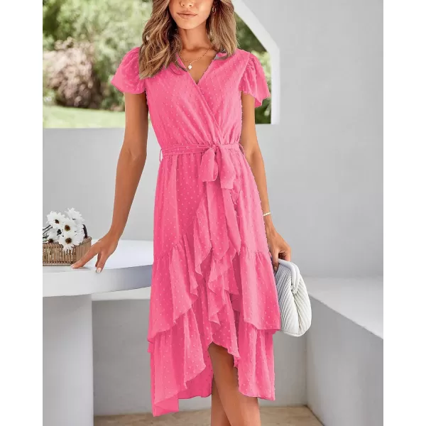 imageBTFBM Women Casual V Neck Dresses Boho Short Sleeve Chiffon Swiss Dot Belted Ruffle Wrap 2023 Summer Wedding Party DressSwiss Dot Rose Red