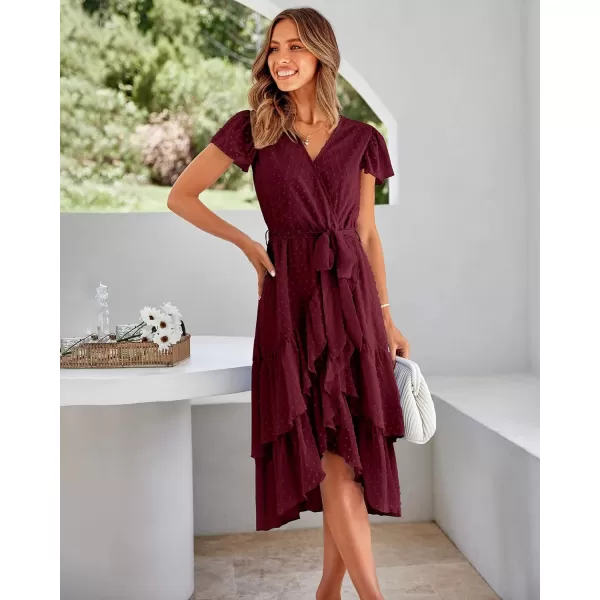 imageBTFBM Women Casual V Neck Dresses Boho Short Sleeve Chiffon Swiss Dot Belted Ruffle Wrap 2023 Summer Wedding Party DressSwiss Dot Wine Red