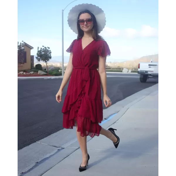 imageBTFBM Women Casual V Neck Dresses Boho Short Sleeve Chiffon Swiss Dot Belted Ruffle Wrap 2023 Summer Wedding Party DressSwiss Dot Wine Red