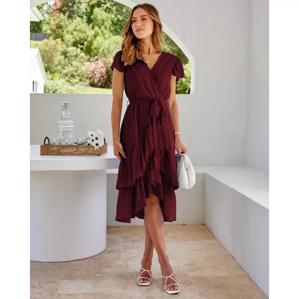 imageBTFBM Women Casual V Neck Dresses Boho Short Sleeve Chiffon Swiss Dot Belted Ruffle Wrap 2023 Summer Wedding Party DressSwiss Dot Wine Red