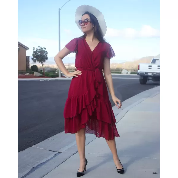 imageBTFBM Women Casual V Neck Dresses Boho Short Sleeve Chiffon Swiss Dot Belted Ruffle Wrap 2023 Summer Wedding Party DressSwiss Dot Wine Red