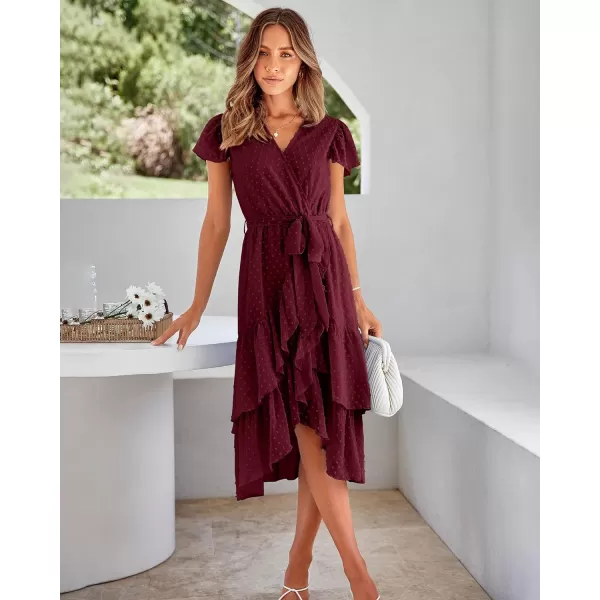 imageBTFBM Women Casual V Neck Dresses Boho Short Sleeve Chiffon Swiss Dot Belted Ruffle Wrap 2023 Summer Wedding Party DressSwiss Dot Wine Red