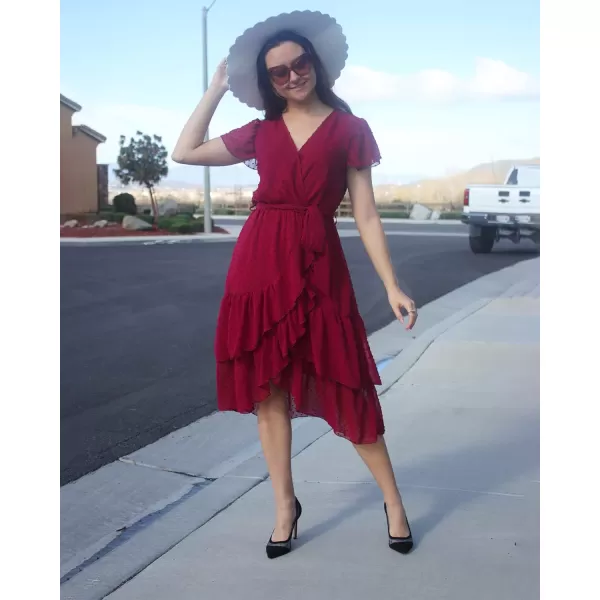 imageBTFBM Women Casual V Neck Dresses Boho Short Sleeve Chiffon Swiss Dot Belted Ruffle Wrap 2023 Summer Wedding Party DressSwiss Dot Wine Red