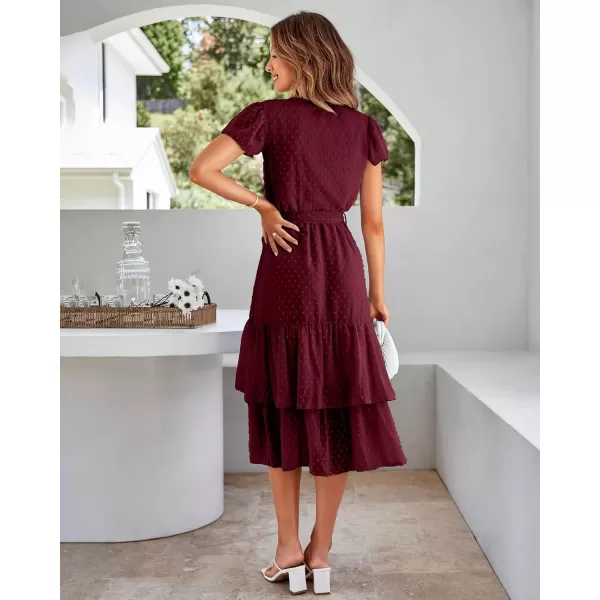 imageBTFBM Women Casual V Neck Dresses Boho Short Sleeve Chiffon Swiss Dot Belted Ruffle Wrap 2023 Summer Wedding Party DressSwiss Dot Wine Red