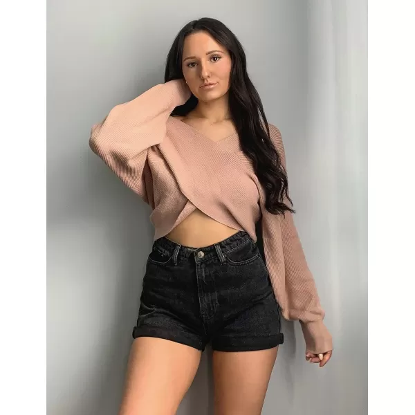 imageBTFBM Women Casual V Neck Long Sleeve Sweaters Cross Wrap Front Off Shoulder Asymmetric Hem Knitted Crop Solid PulloverBTFBM Women Casual V Neck Long Sleeve Sweaters Cross Wrap Front Off Shoulder Asymmetric Hem Knitted Crop Solid Pullover