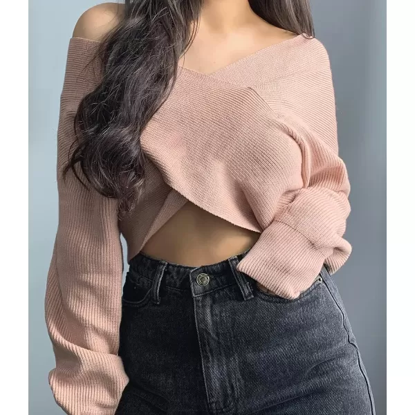 imageBTFBM Women Casual V Neck Long Sleeve Sweaters Cross Wrap Front Off Shoulder Asymmetric Hem Knitted Crop Solid PulloverBTFBM Women Casual V Neck Long Sleeve Sweaters Cross Wrap Front Off Shoulder Asymmetric Hem Knitted Crop Solid Pullover
