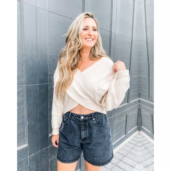 imageBTFBM Women Casual V Neck Long Sleeve Sweaters Cross Wrap Front Off Shoulder Asymmetric Hem Knitted Crop Solid PulloverSolid Apricot