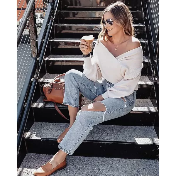 imageBTFBM Women Casual V Neck Long Sleeve Sweaters Cross Wrap Front Off Shoulder Asymmetric Hem Knitted Crop Solid PulloverSolid Apricot