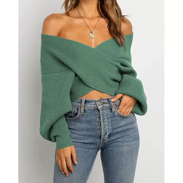 imageBTFBM Women Casual V Neck Long Sleeve Sweaters Cross Wrap Front Off Shoulder Asymmetric Hem Knitted Crop Solid PulloverSolid Army Green