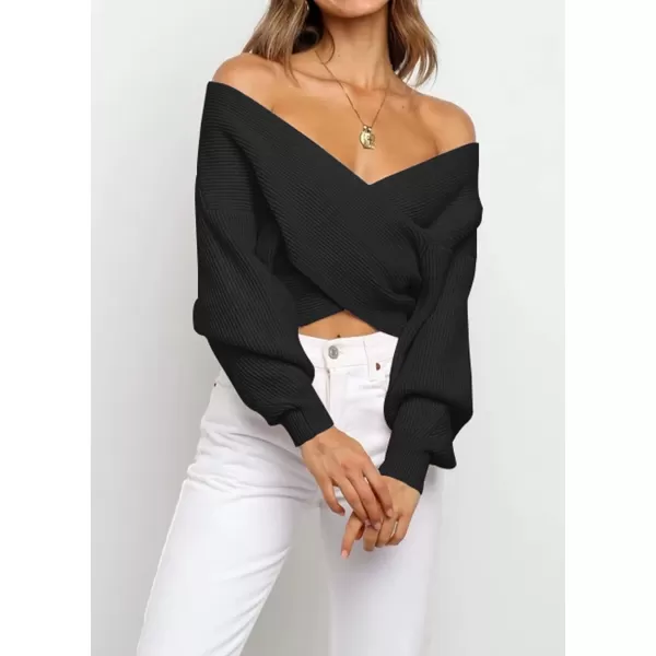 imageBTFBM Women Casual V Neck Long Sleeve Sweaters Cross Wrap Front Off Shoulder Asymmetric Hem Knitted Crop Solid PulloverSolid Black