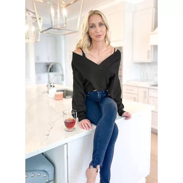 imageBTFBM Women Casual V Neck Long Sleeve Sweaters Cross Wrap Front Off Shoulder Asymmetric Hem Knitted Crop Solid PulloverSolid Black