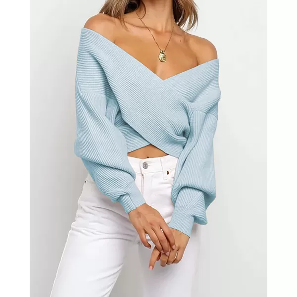 imageBTFBM Women Casual V Neck Long Sleeve Sweaters Cross Wrap Front Off Shoulder Asymmetric Hem Knitted Crop Solid PulloverSolid Blue