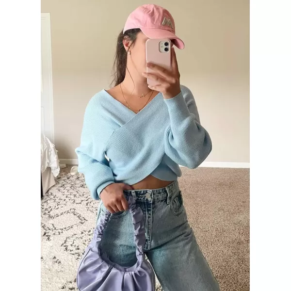 imageBTFBM Women Casual V Neck Long Sleeve Sweaters Cross Wrap Front Off Shoulder Asymmetric Hem Knitted Crop Solid PulloverSolid Blue