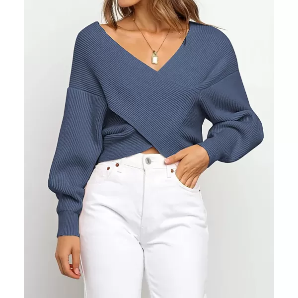 imageBTFBM Women Casual V Neck Long Sleeve Sweaters Cross Wrap Front Off Shoulder Asymmetric Hem Knitted Crop Solid PulloverSolid Blue Grey