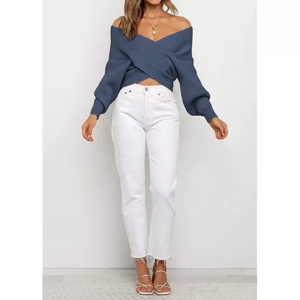 imageBTFBM Women Casual V Neck Long Sleeve Sweaters Cross Wrap Front Off Shoulder Asymmetric Hem Knitted Crop Solid PulloverSolid Blue Grey