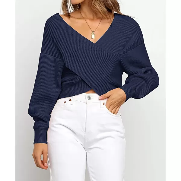 imageBTFBM Women Casual V Neck Long Sleeve Sweaters Cross Wrap Front Off Shoulder Asymmetric Hem Knitted Crop Solid PulloverSolid Bright Blue