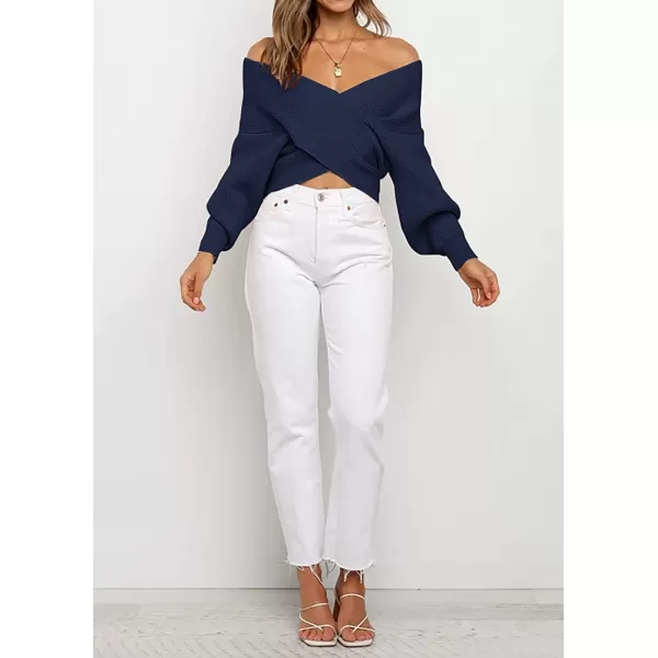 imageBTFBM Women Casual V Neck Long Sleeve Sweaters Cross Wrap Front Off Shoulder Asymmetric Hem Knitted Crop Solid PulloverSolid Bright Blue