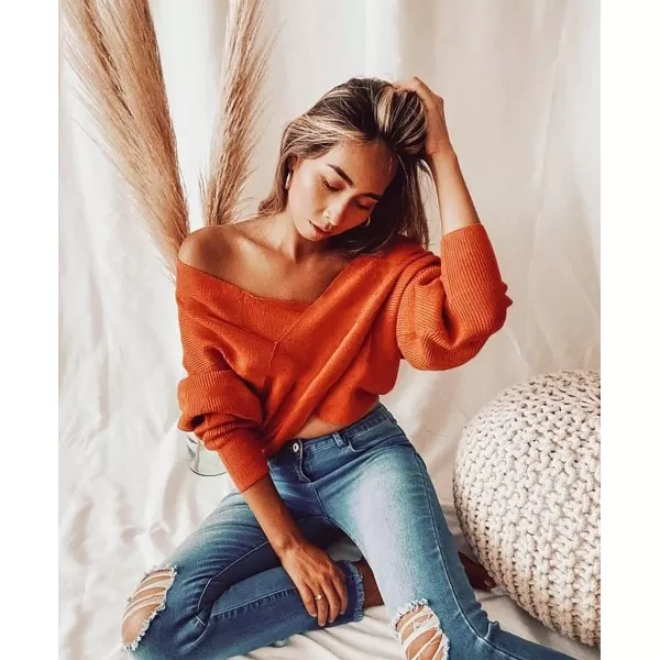 imageBTFBM Women Casual V Neck Long Sleeve Sweaters Cross Wrap Front Off Shoulder Asymmetric Hem Knitted Crop Solid PulloverSolid Brown