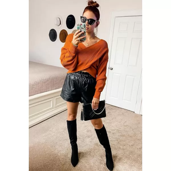 imageBTFBM Women Casual V Neck Long Sleeve Sweaters Cross Wrap Front Off Shoulder Asymmetric Hem Knitted Crop Solid PulloverSolid Brown