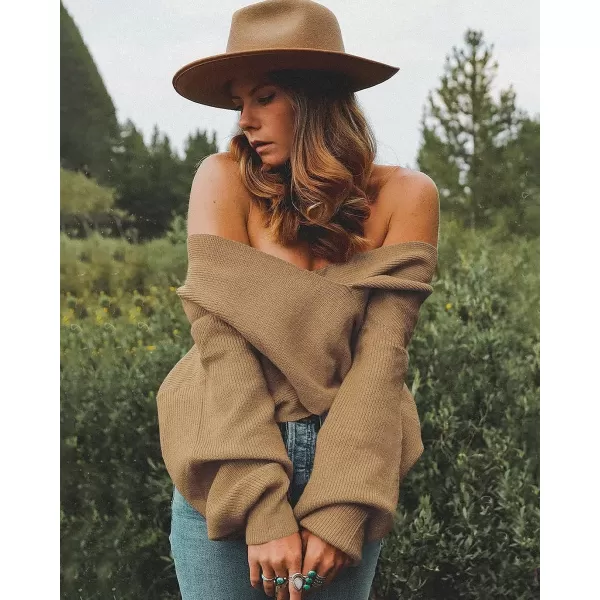 imageBTFBM Women Casual V Neck Long Sleeve Sweaters Cross Wrap Front Off Shoulder Asymmetric Hem Knitted Crop Solid PulloverSolid Camel