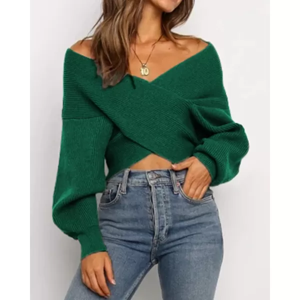 imageBTFBM Women Casual V Neck Long Sleeve Sweaters Cross Wrap Front Off Shoulder Asymmetric Hem Knitted Crop Solid PulloverSolid Dark Green
