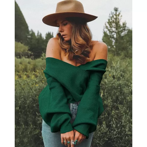 imageBTFBM Women Casual V Neck Long Sleeve Sweaters Cross Wrap Front Off Shoulder Asymmetric Hem Knitted Crop Solid PulloverSolid Dark Green