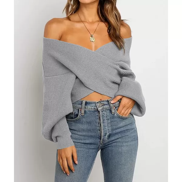 imageBTFBM Women Casual V Neck Long Sleeve Sweaters Cross Wrap Front Off Shoulder Asymmetric Hem Knitted Crop Solid PulloverSolid Grey
