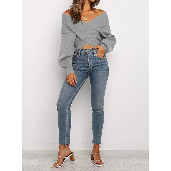 imageBTFBM Women Casual V Neck Long Sleeve Sweaters Cross Wrap Front Off Shoulder Asymmetric Hem Knitted Crop Solid PulloverSolid Grey