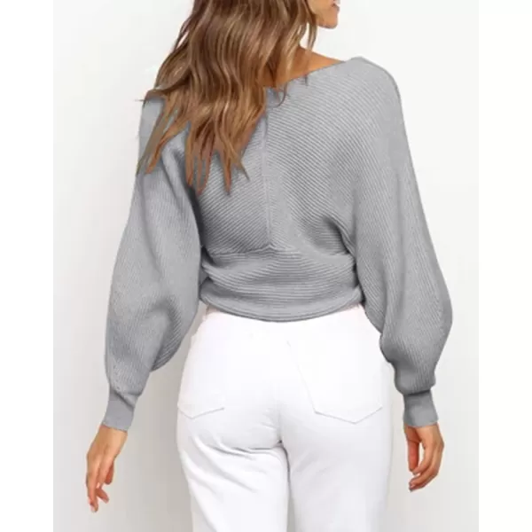 imageBTFBM Women Casual V Neck Long Sleeve Sweaters Cross Wrap Front Off Shoulder Asymmetric Hem Knitted Crop Solid PulloverSolid Grey