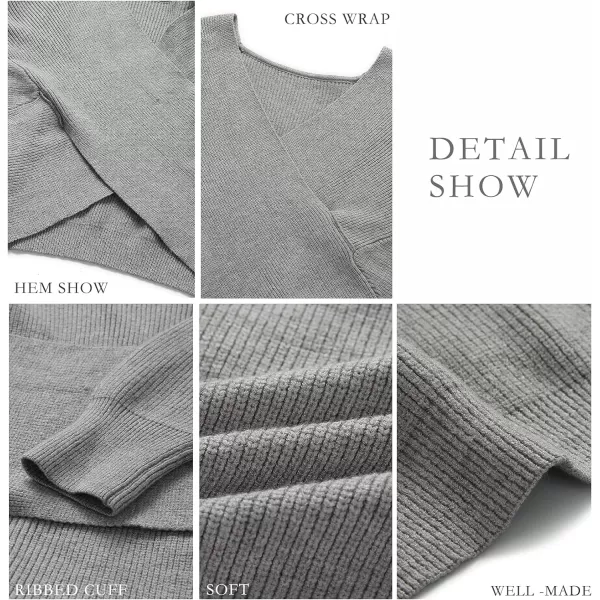 imageBTFBM Women Casual V Neck Long Sleeve Sweaters Cross Wrap Front Off Shoulder Asymmetric Hem Knitted Crop Solid PulloverSolid Grey